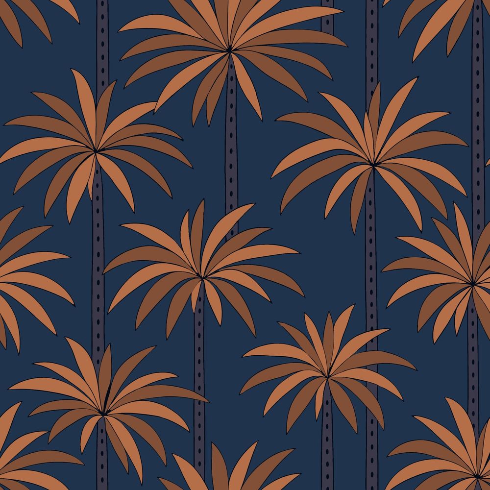 Palm Trees Wallpaper Navy Background Terracotta Leaves pattern artwork
