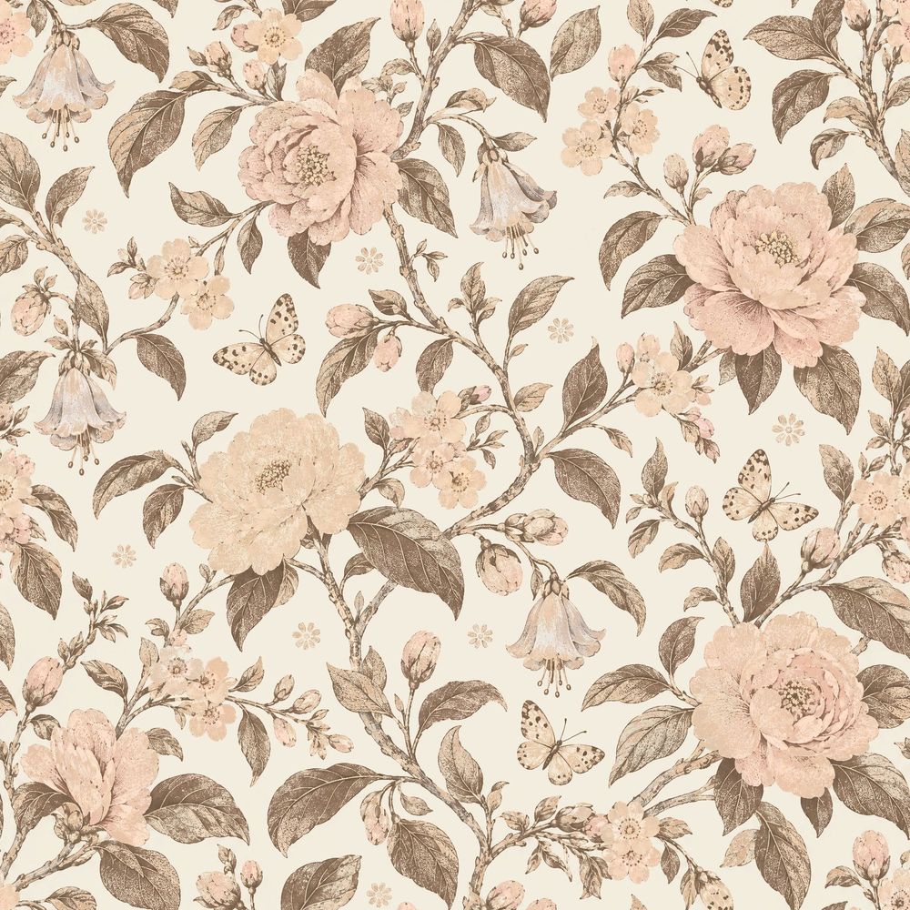 Pink Peony Butterfly Wallpaper Vintage Cream Botanical pattern artwork