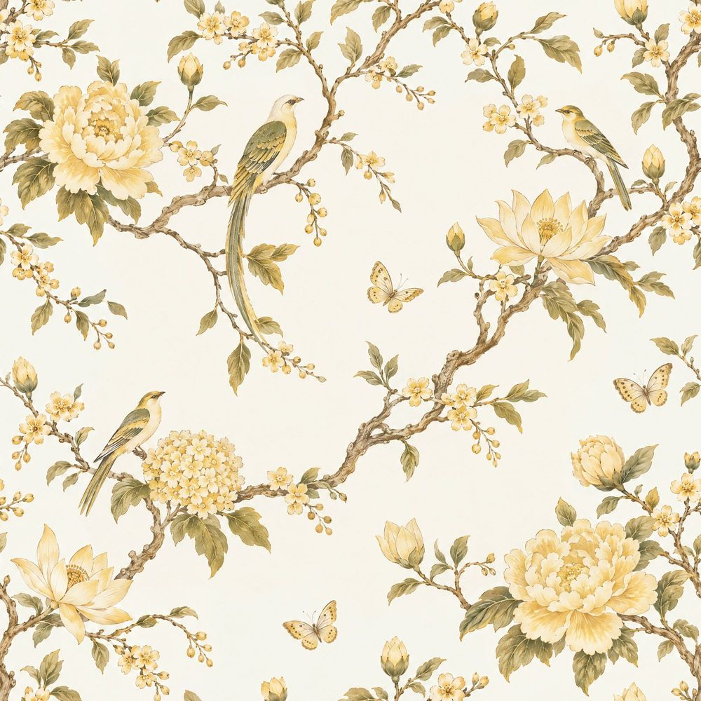 Blossoming Branches With Birds Wallpaper Ivory Chinoiserie Floral pattern artwork