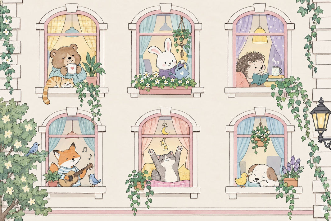 Whimsical Animals In Arched Windows Wallpaper Pastel Garden Facade Wall Mural pattern artwork