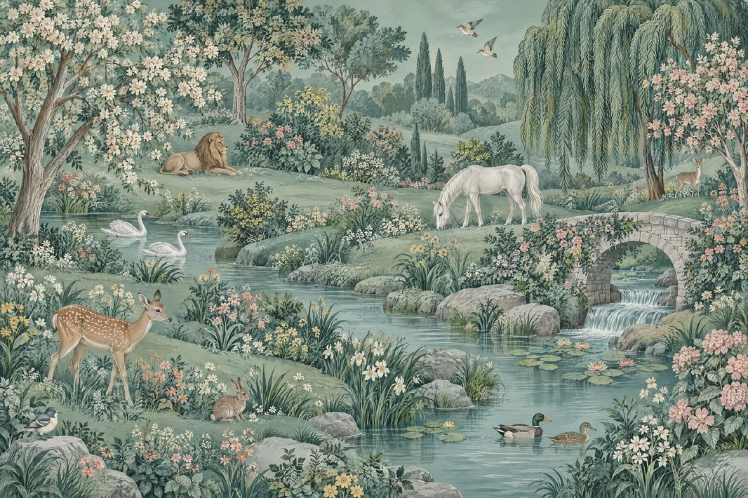 Stone Bridge River Wildlife Wallpaper Vintage Pastoral Wall Mural pattern artwork