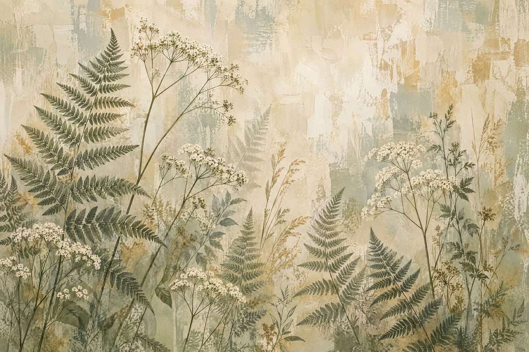Vintage Ferns And Wildflowers Wallpaper Distressed Texture Wall Mural pattern artwork