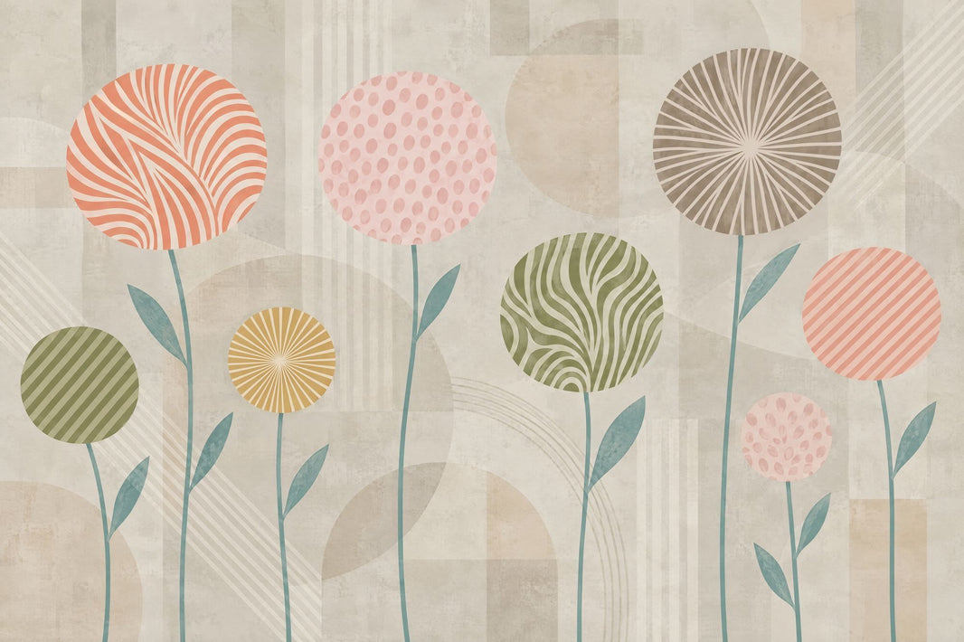 Geometric Flower Stems Wallpaper Pastel Botanical Wall Mural pattern artwork