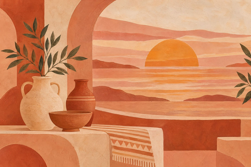 Mediterranean Sunset Terrace Wallpaper Arched Seascape Wall Mural pattern artwork