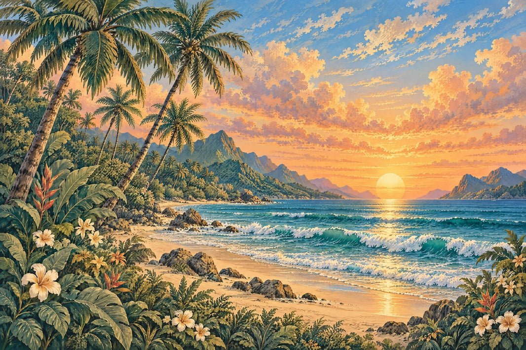 Palm Trees And Sunset Beach Wallpaper Vintage Tropical Coast Wall Mural pattern artwork