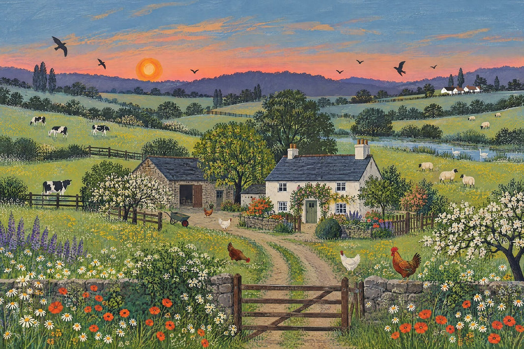 Pastoral Farmhouse Scene Wallpaper Vintage Countryside Wall Mural pattern artwork