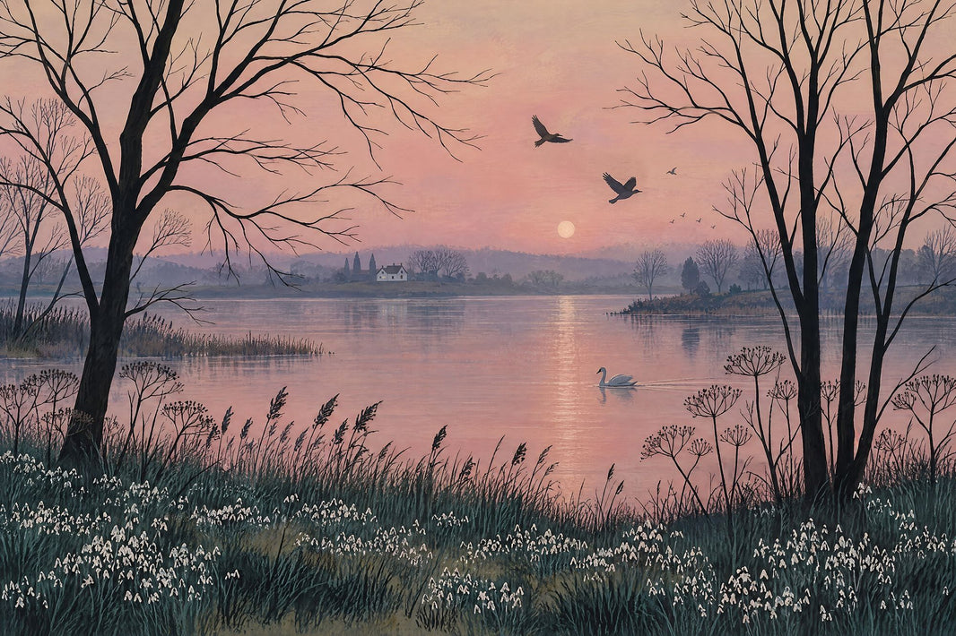Swan Lake Sunset Wallpaper Pink Sky Wall Mural pattern artwork