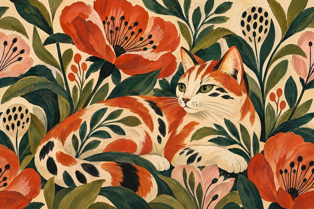 Calico Cat And Folk Flowers Wallpaper Botanical Garden Wall Mural pattern artwork