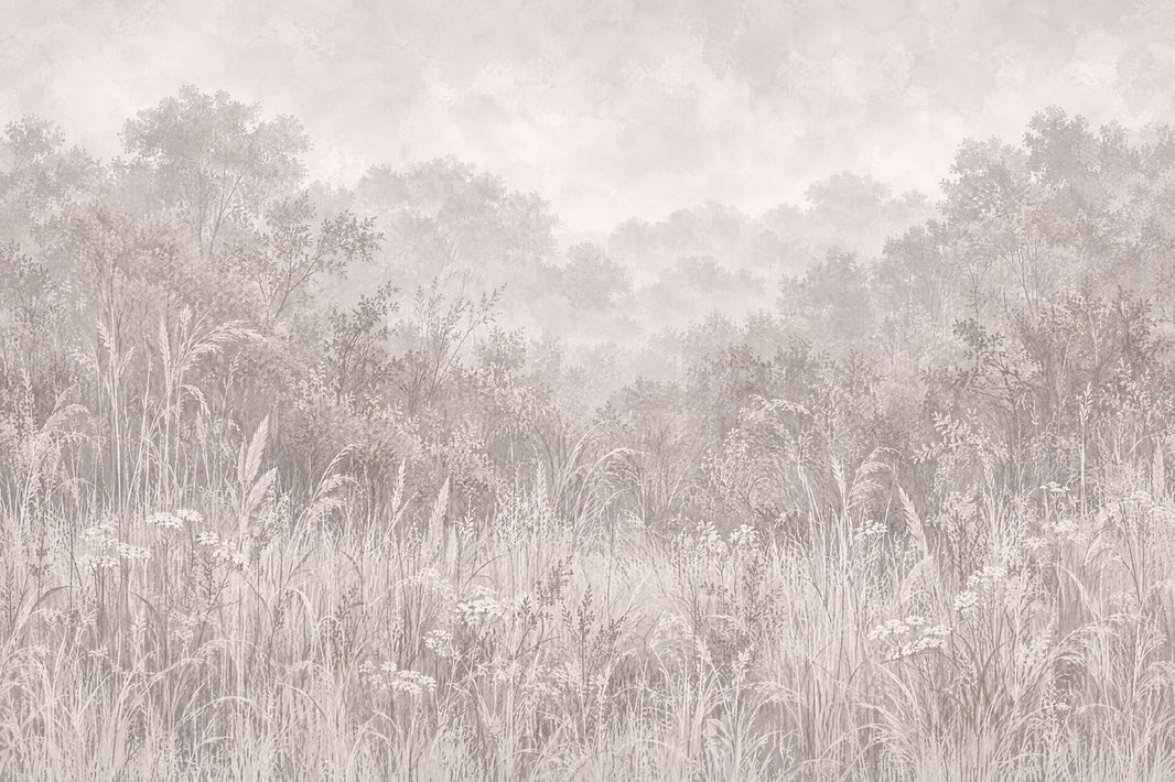 Misty Meadow Trees Wallpaper Soft Gray Woodland Wall Mural pattern artwork