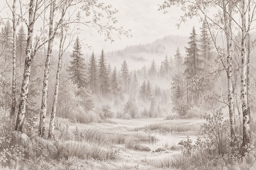 Misty Birch And Pine Forest Wallpaper Sepia Landscape Wall Mural pattern artwork