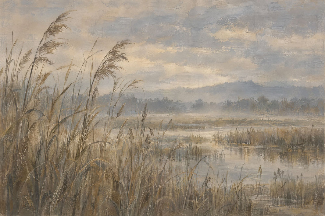 Marsh Reeds Wallpaper Misty Wetlands Wall Mural pattern artwork