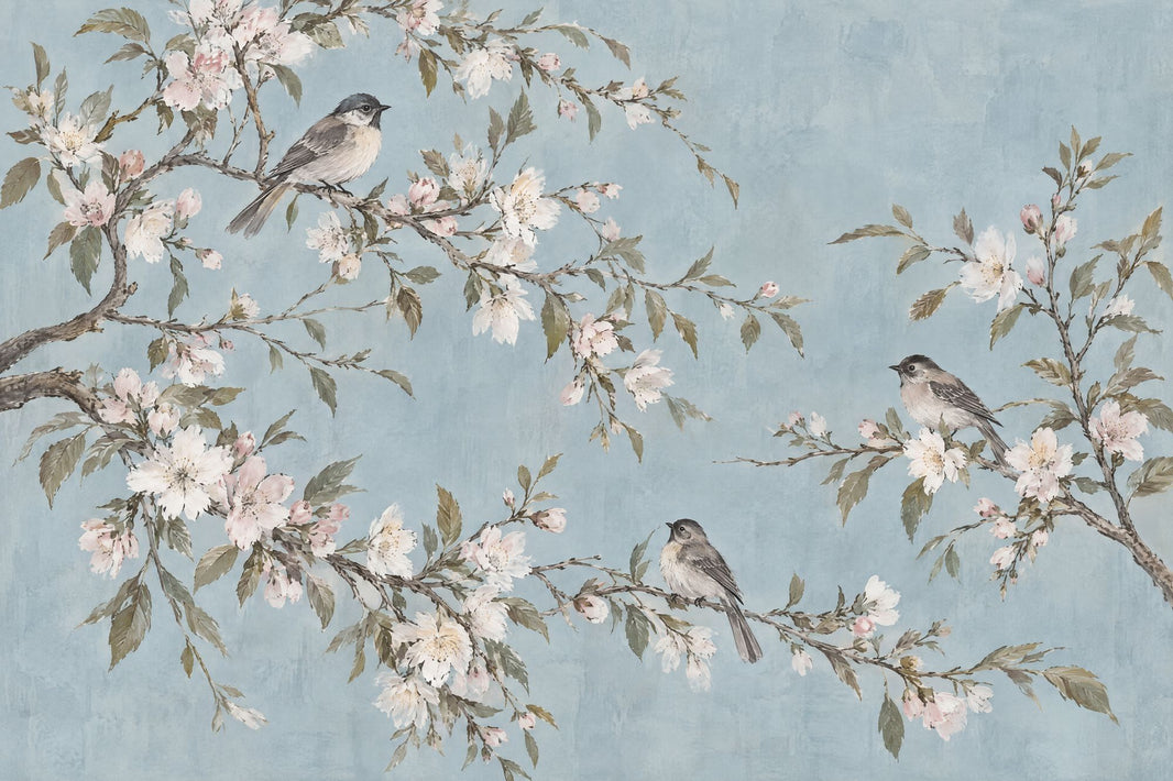Blossom Branches With Birds Wallpaper Pale Blue Wall Mural pattern artwork