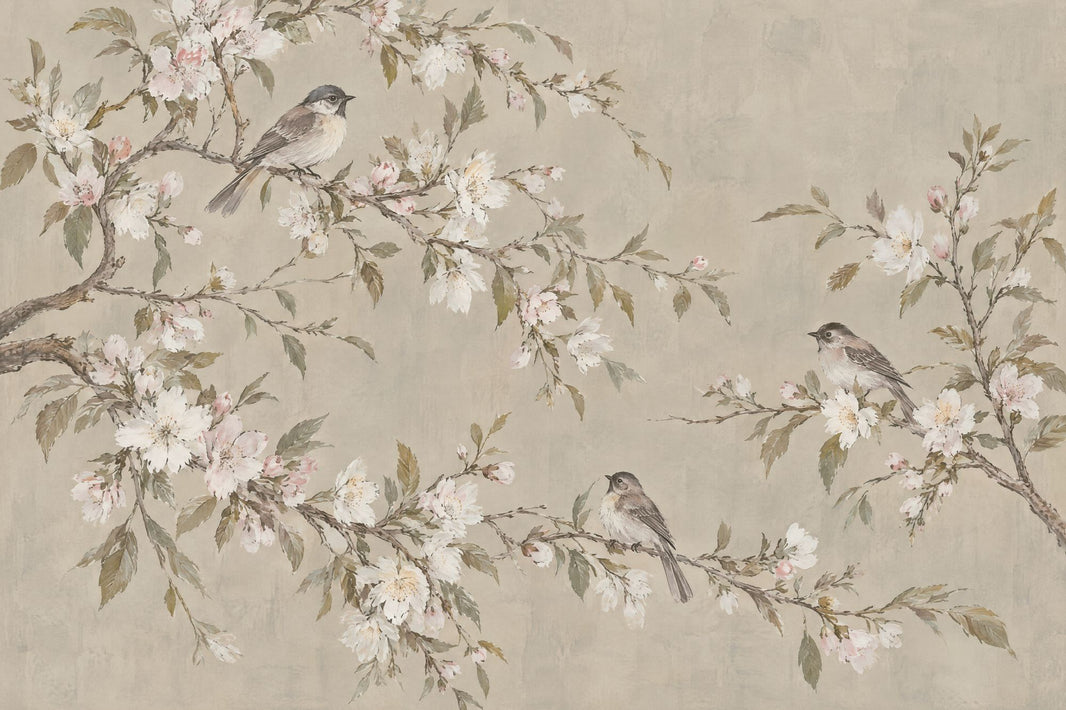 Blossoming Branches And Songbirds Wallpaper Muted Green Chinoiserie Wall Mural pattern artwork
