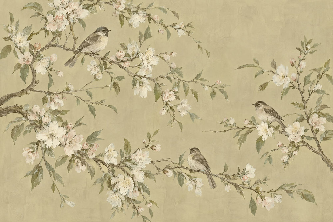 Cherry Blossom Branches Wallpaper Chinoiserie Songbirds Wall Mural pattern artwork