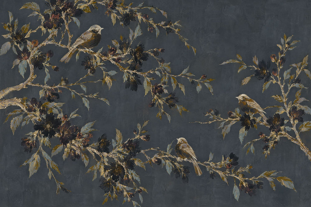 Songbirds On Flowering Branches Wallpaper Dark Floral Wall Mural pattern artwork