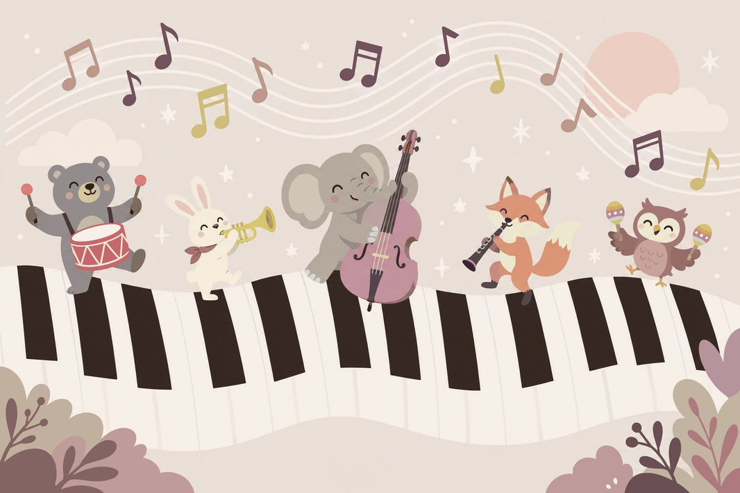 Cartoon Animals On Piano Keys Wallpaper Pastel Nursery Wall Mural pattern artwork