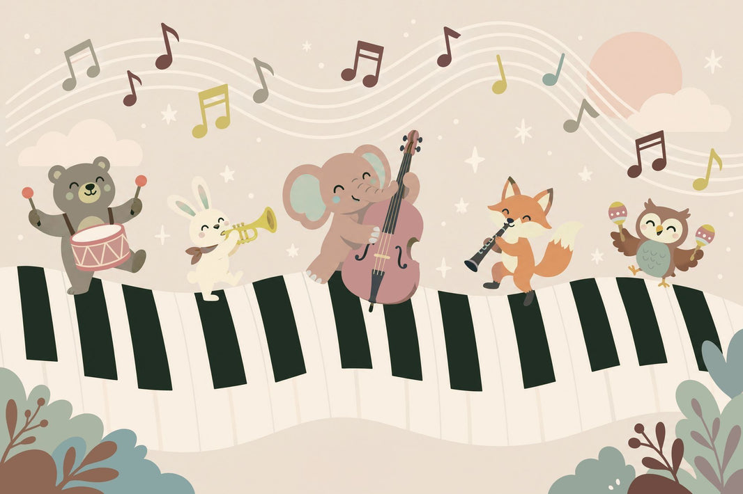Woodland Animal Band Wallpaper Muted Green Music Wall Mural pattern artwork