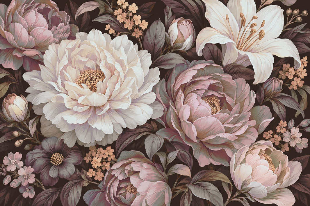 Vintage Peony And Lily Wallpaper Dark Floral Wall Mural pattern artwork