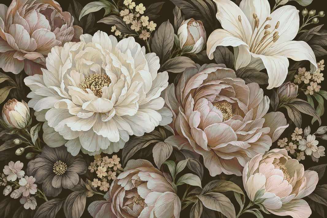 Peony And Lily Bouquet Wallpaper Dark Floral Wall Mural pattern artwork