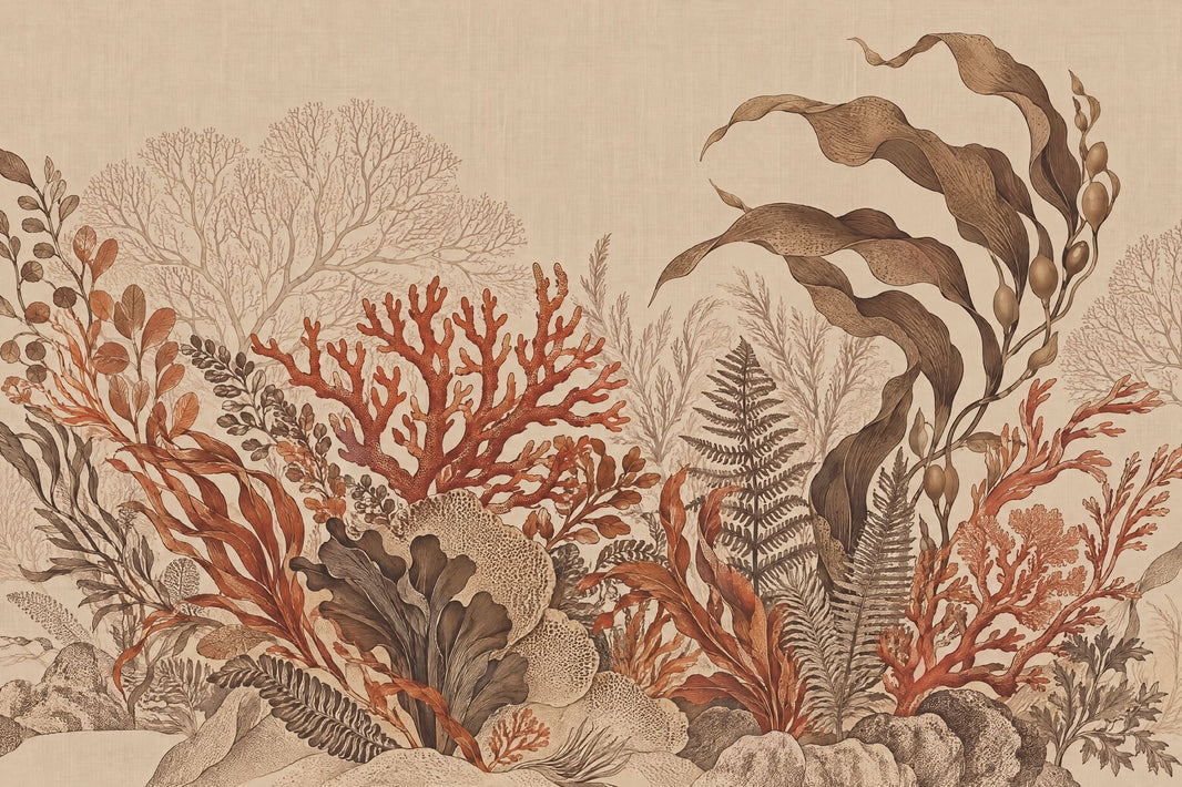 Vintage Coral And Seaweed Wallpaper Coastal Botanical Wall Mural pattern artwork