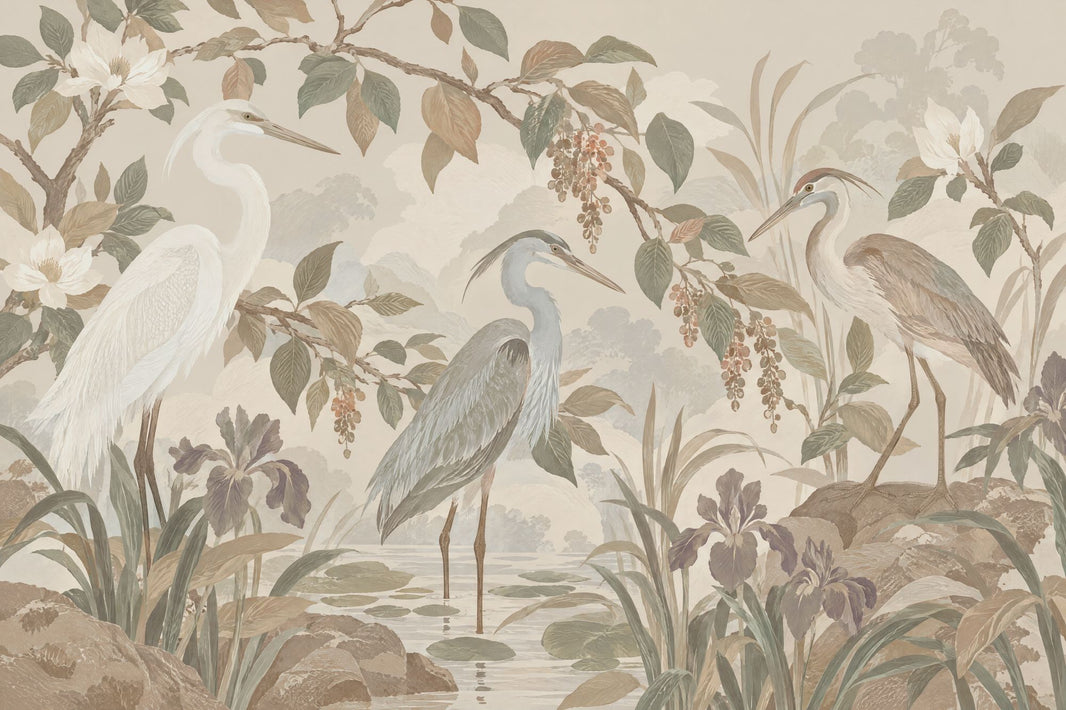Herons In Marsh Wallpaper Chinoiserie Botanical Wall Mural pattern artwork