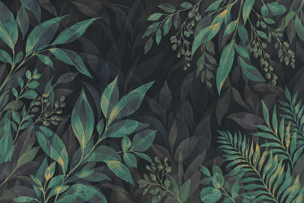 Green Tropical Leaves Wallpaper Gold Accents Wall Mural pattern artwork