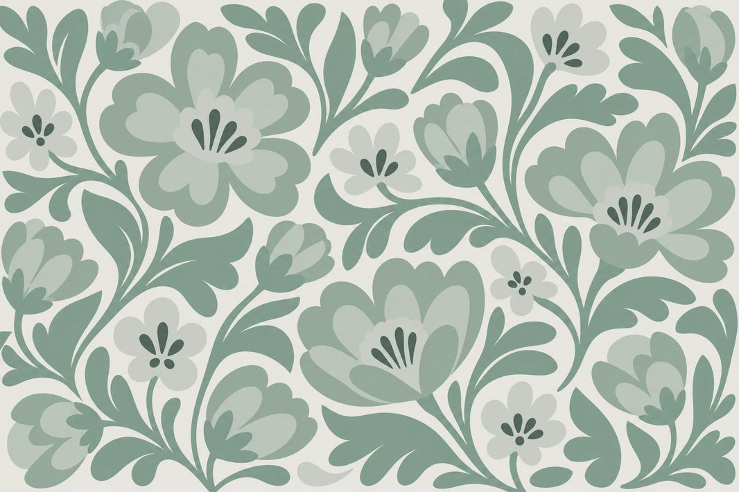 Stylized Large Flowers Wallpaper Sage Green Vine Wall Mural pattern artwork