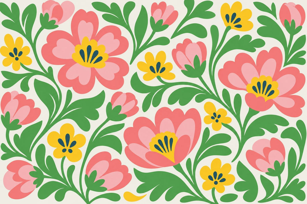 Pink Folk Flowers Wallpaper Green Vines Wall Mural pattern artwork
