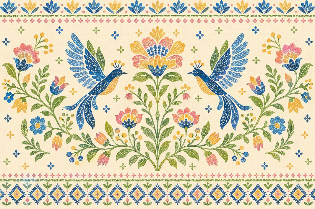 Symmetrical Blue Birds And Floral Wallpaper Folk Art Wall Mural pattern artwork