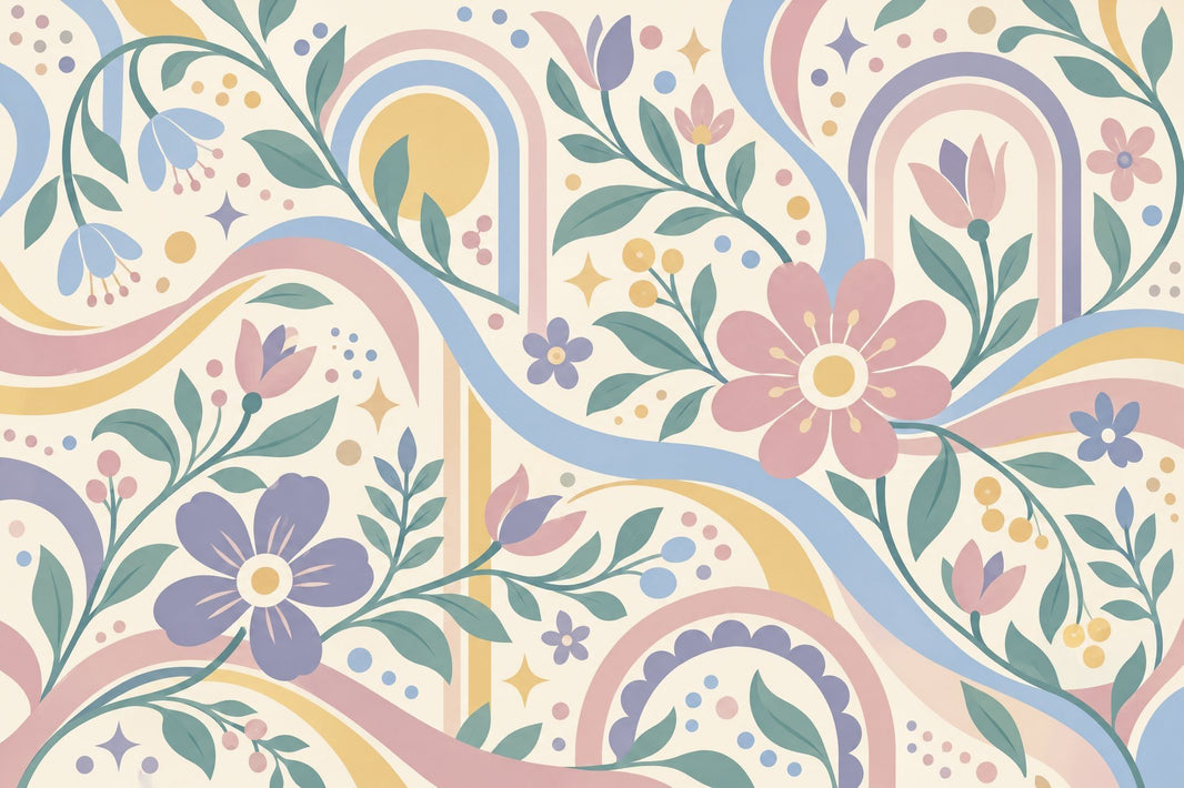 Pastel Flowers And Rainbow Arches Wallpaper Whimsical Cream Wall Mural pattern artwork