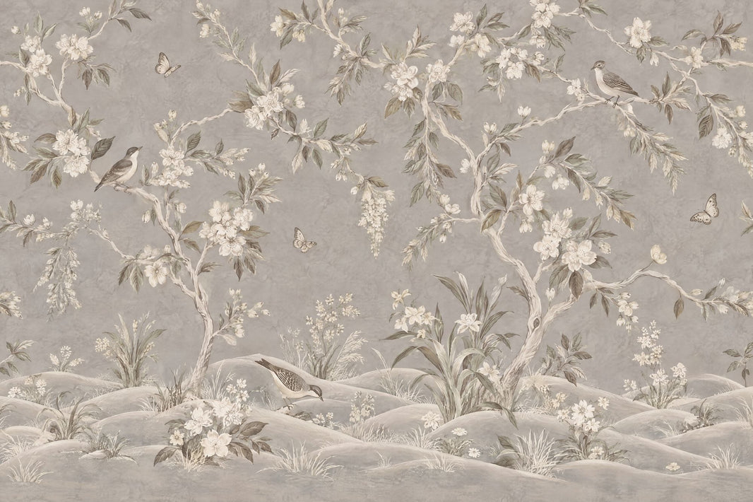 Blossom Branches And Birds Wallpaper Gray Chinoiserie Wall Mural pattern artwork