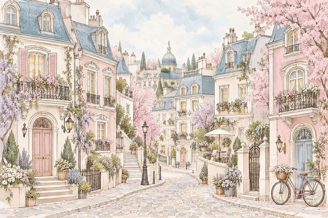 Paris Street Facades Wallpaper Watercolor City Wall Mural pattern artwork