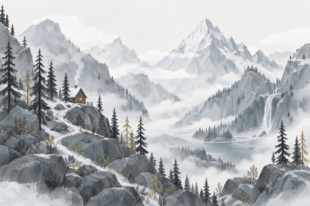 Snowy Mountain Cabin Wallpaper Watercolor Alpine Wall Mural pattern artwork