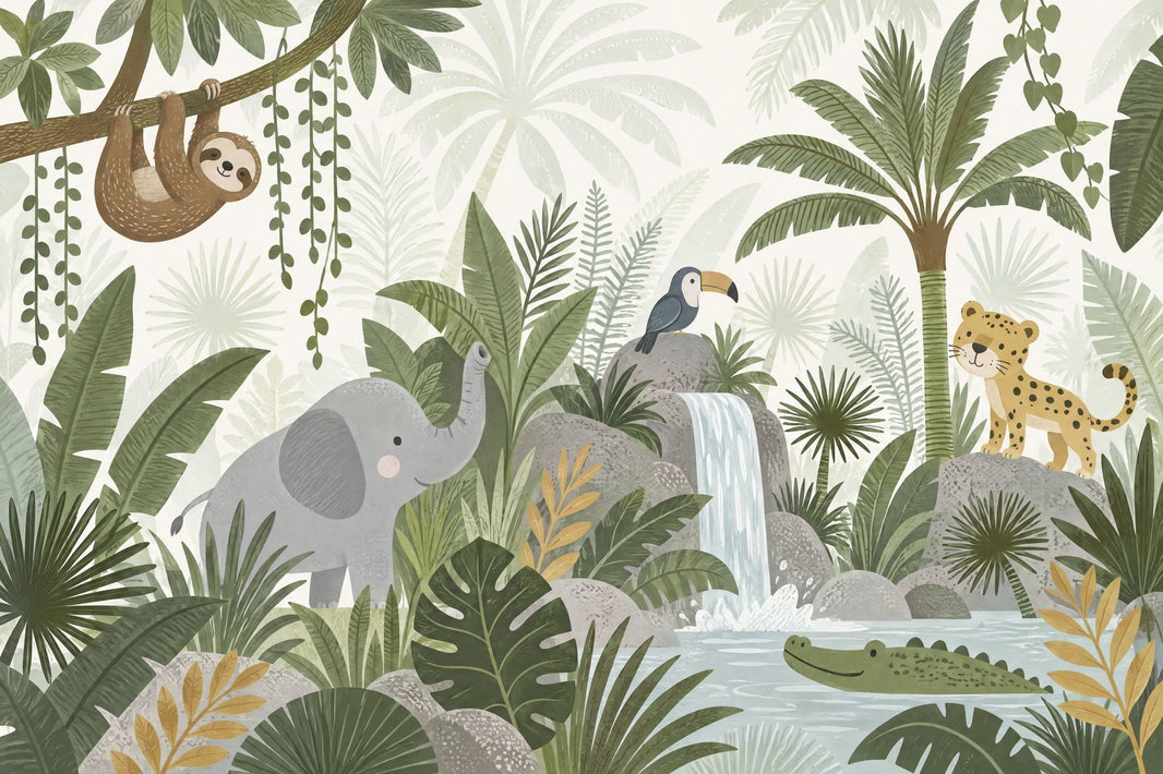 Rainforest Animals Wallpaper Waterfall Scene Wall Mural pattern artwork