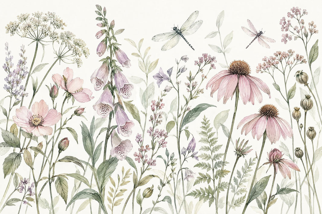 Wildflower And Dragonflies Wallpaper Watercolor Botanical Wall Mural pattern artwork
