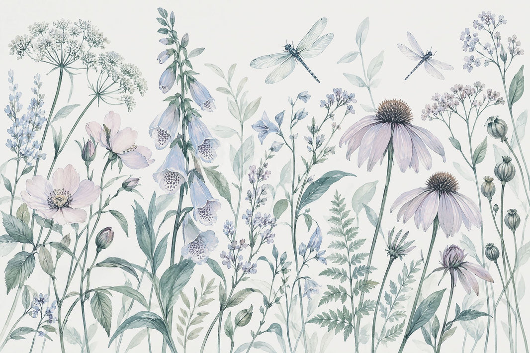 Watercolor Wildflowers Wallpaper White Background Botanical Wall Mural pattern artwork