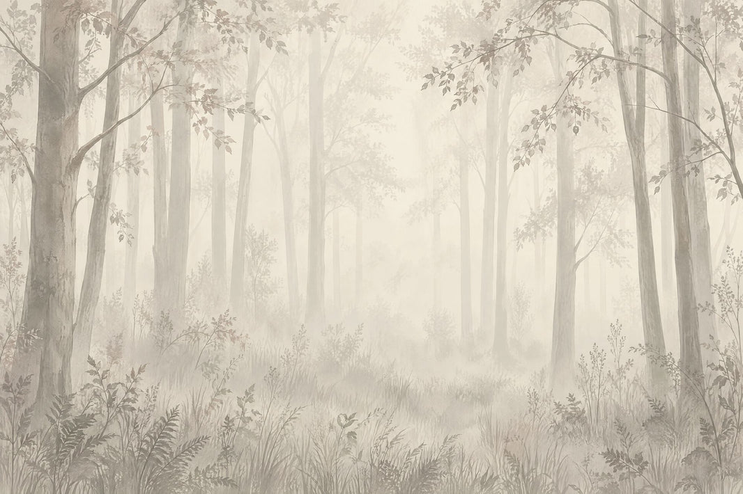 Misty Forest Trees Wallpaper Watercolor Woodland Wall Mural pattern artwork