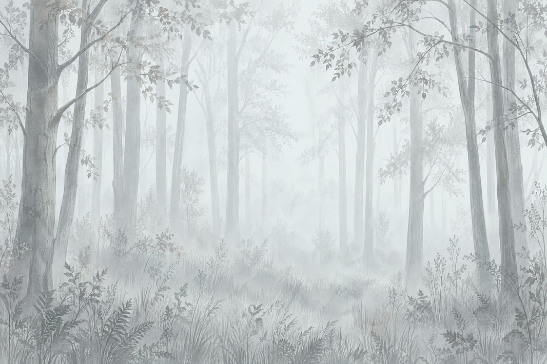 Misty Forest Trees Wallpaper Watercolor Landscape Wall Mural pattern artwork