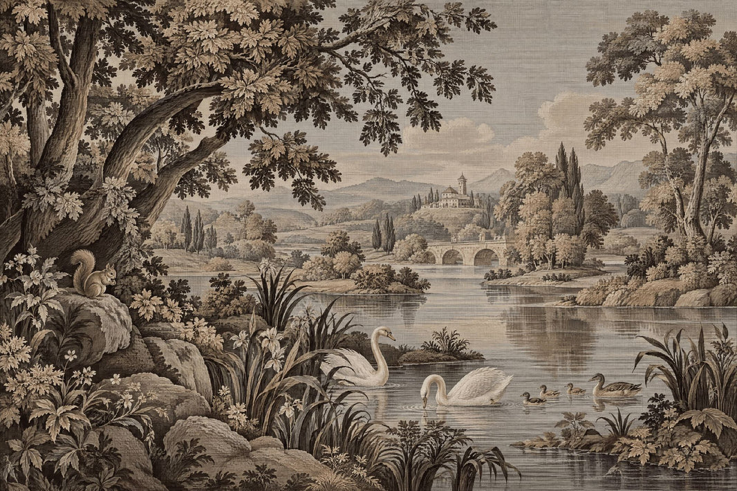 Sepia Swan Lake Wallpaper Engraved Vintage Wall Mural pattern artwork