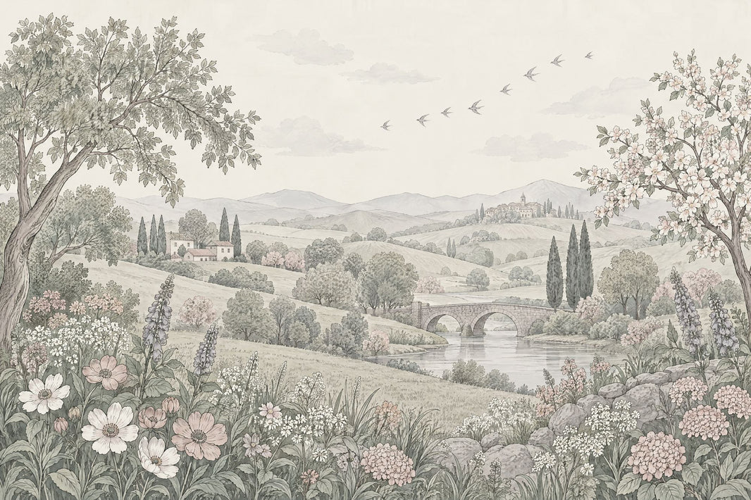 Stone Bridge And Cypress Trees Wallpaper Tuscan Countryside Wall Mural pattern artwork