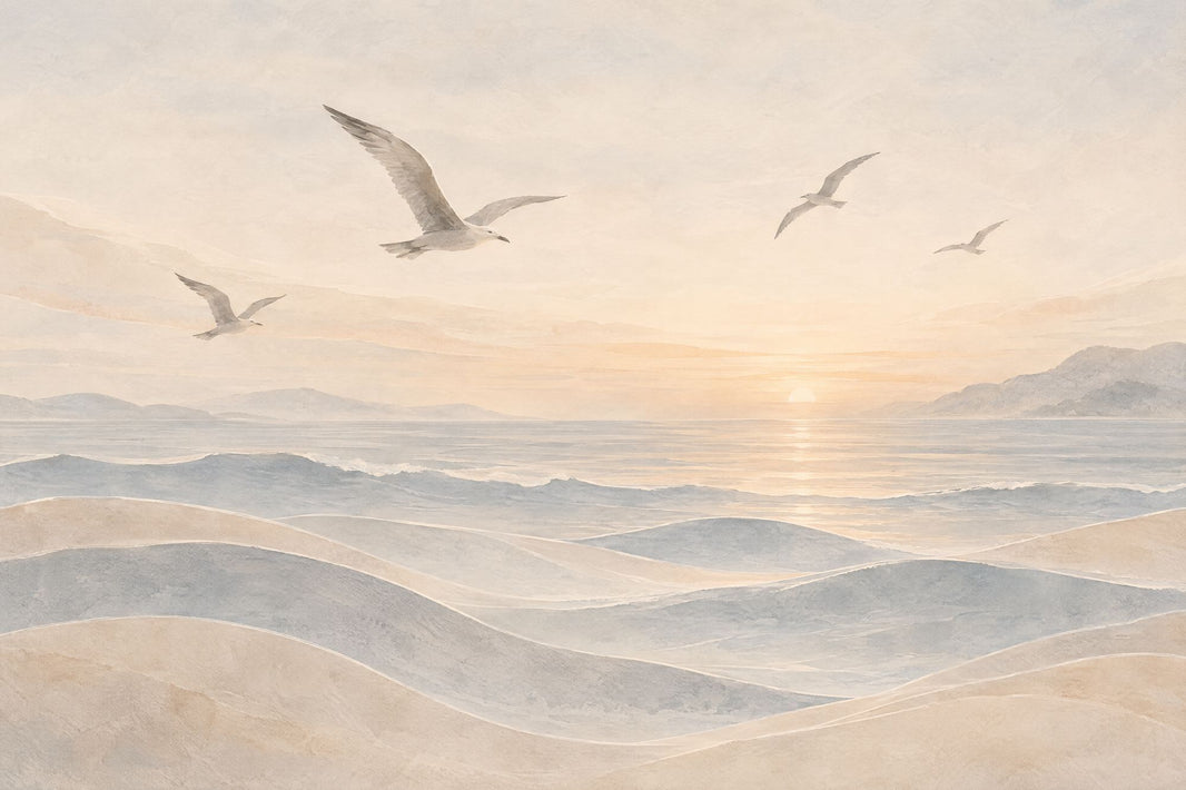 Seagulls Over Sunset Ocean Wallpaper Coastal Landscape Wall Mural pattern artwork