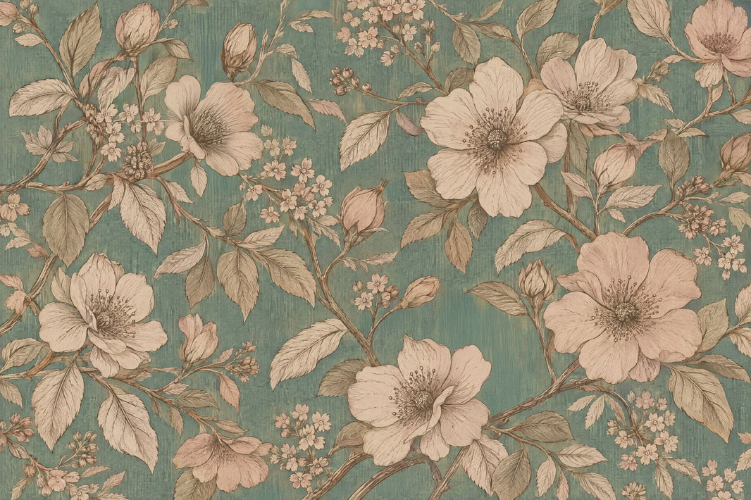 Vintage Large Blossom Wallpaper Teal Botanical Wall Mural pattern artwork