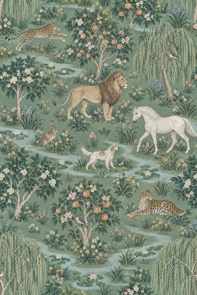 Lions And Leopards Garden Scene Wallpaper Muted Green Chinoiserie pattern artwork