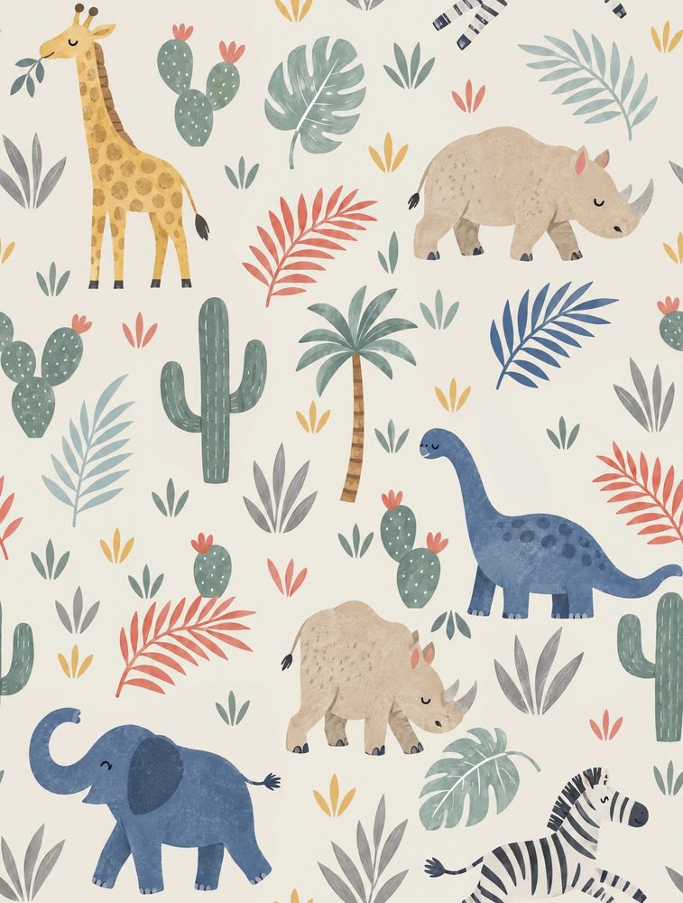 Safari Animals Wallpaper Tropical Leaves Pastel Cream pattern artwork