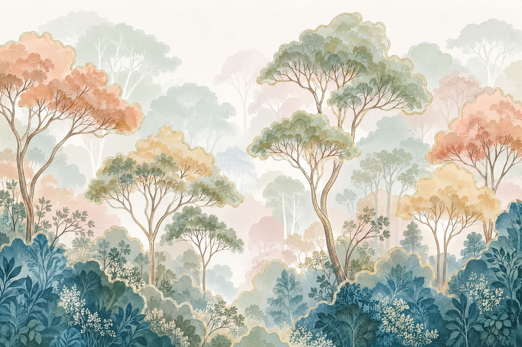 Pastel Forest Trees Wallpaper Gold Outline Botanical Wall Mural pattern artwork