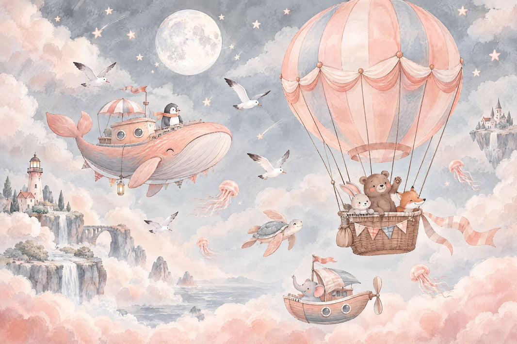 Hot Air Balloon Animals Wallpaper Watercolor Fantasy Wall Mural pattern artwork