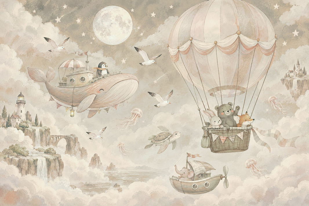Hot Air Balloon Animals Wallpaper Watercolor Fantasy Wall Mural pattern artwork