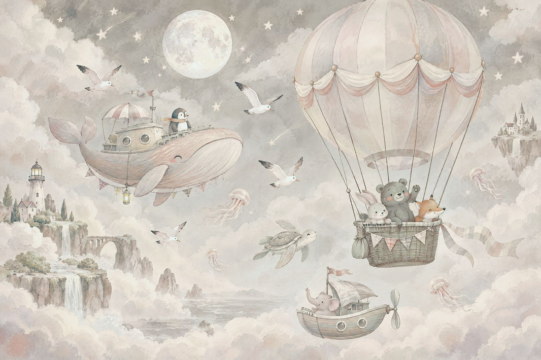 Hot Air Balloon Animals Wallpaper Watercolor Sky Adventure Wall Mural pattern artwork