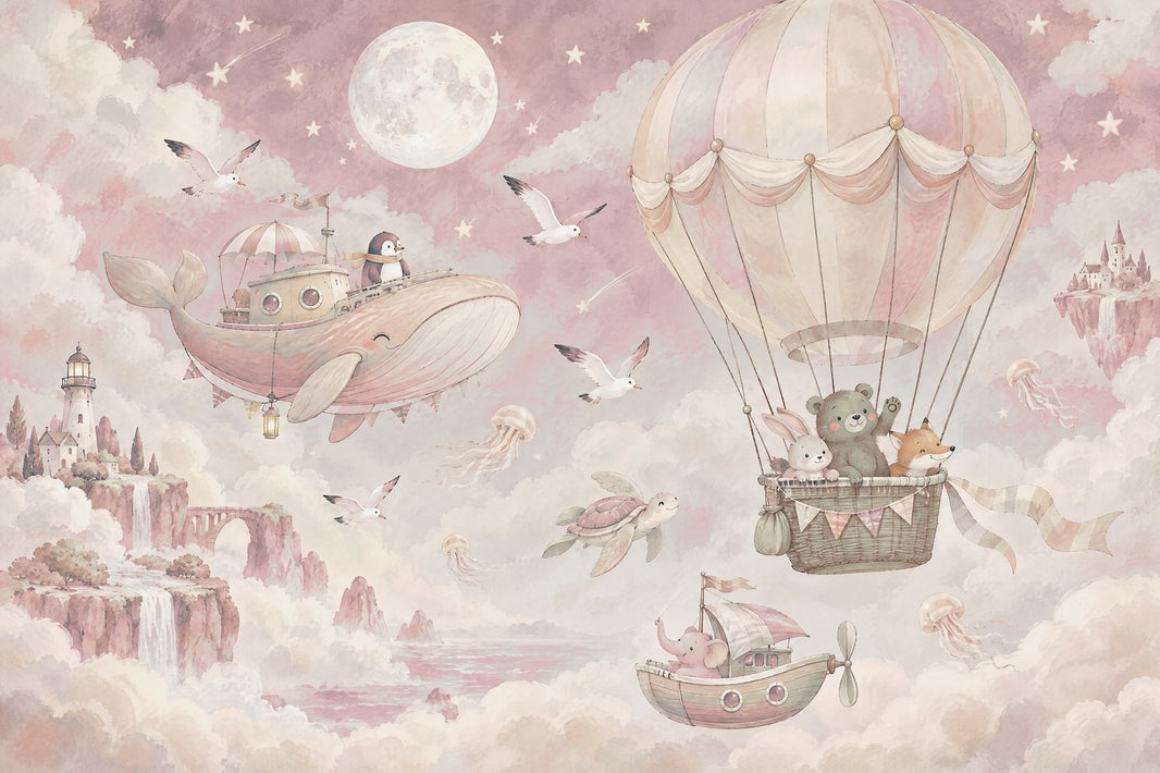 Hot Air Balloon Animals Wallpaper Watercolor Fantasy Wall Mural pattern artwork