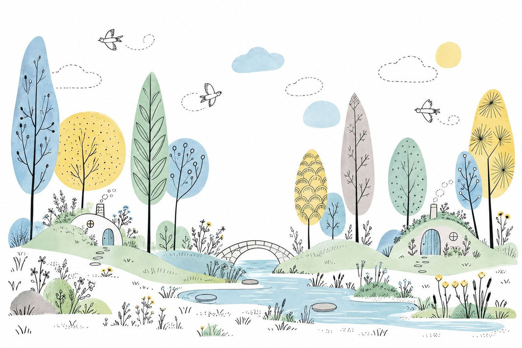 Whimsical Hillside Village Wallpaper Watercolor Landscape Wall Mural pattern artwork